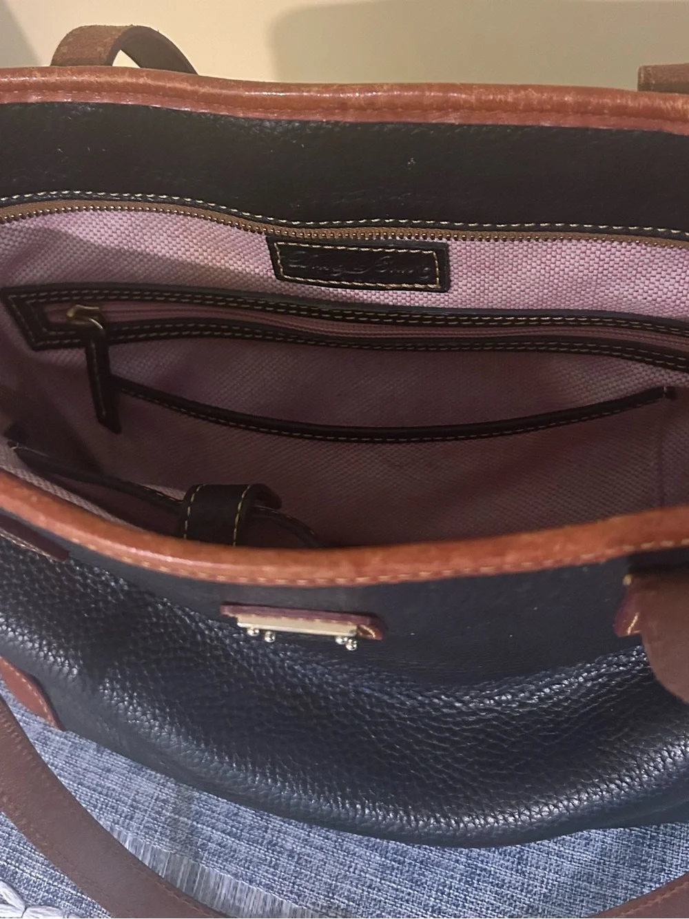 Dooney & Bourke Black Pebbled Leather Shoulder Tote with Brown Trim